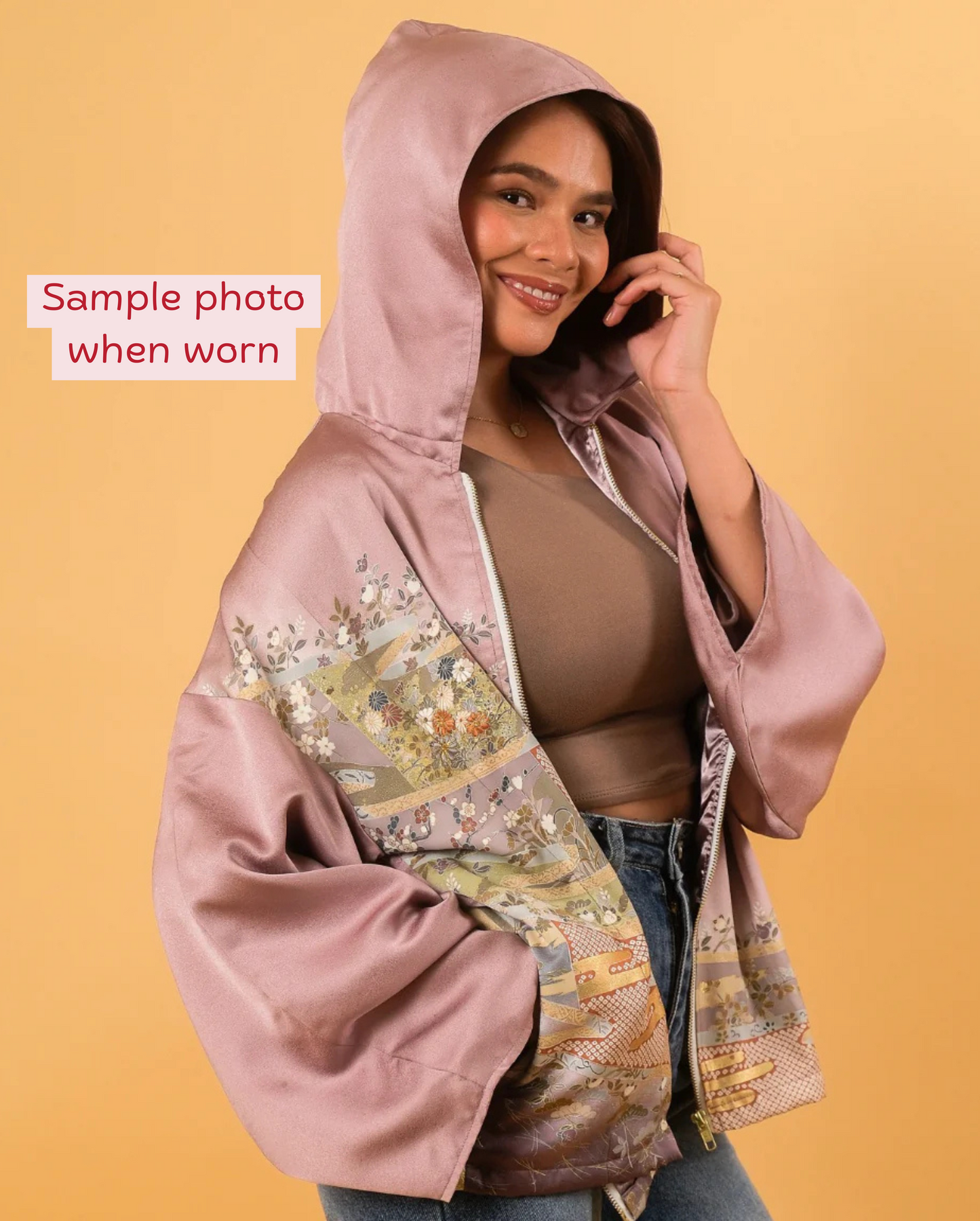 Upcycled Kimono Hoodie with Zipper Black