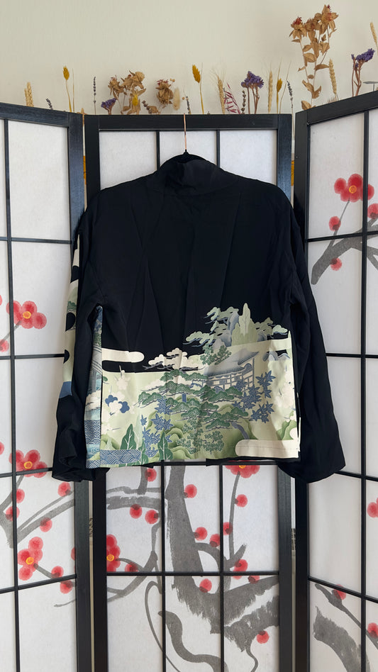 Upcycled kimono blazer B4424, black silk with pine trees and palace pavilions on cream, back view