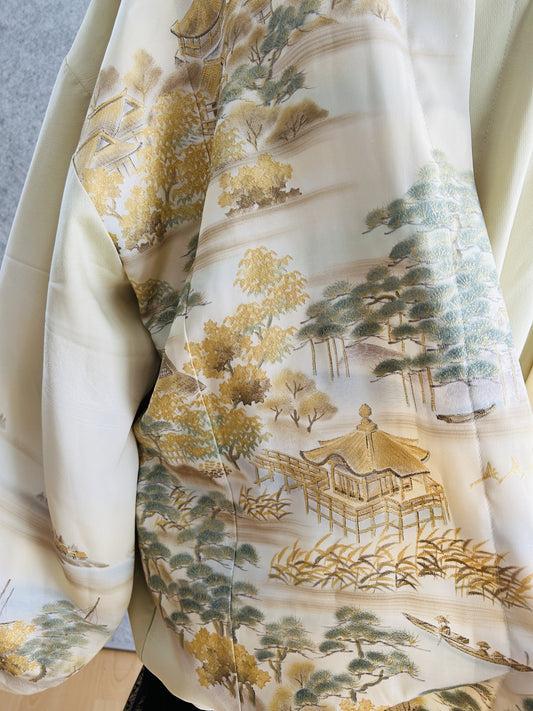 Cream kimono hoodie, detail of gold pavilion, pine trees and boats