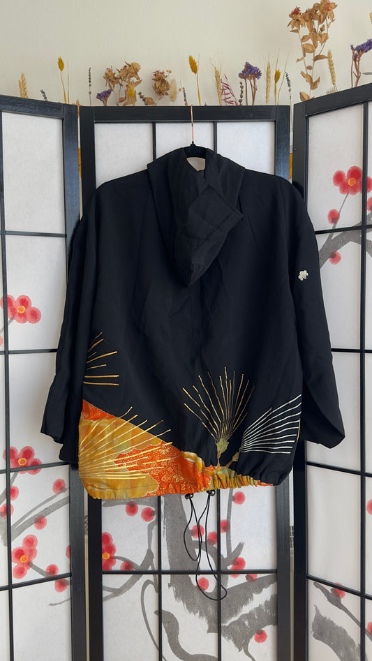 Upcycled kimono regular hoodie H6154, black silk with an orange-gold landscape and pine needles, back view