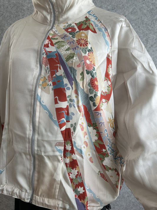 White high collar kimono jacket, detail of red floral bands on front