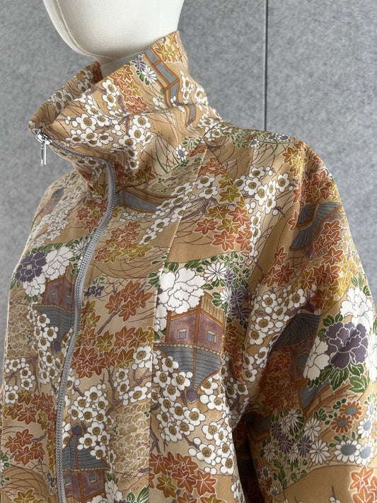 Golden beige high collar kimono jacket with blossoms, detail of collar and shoulder