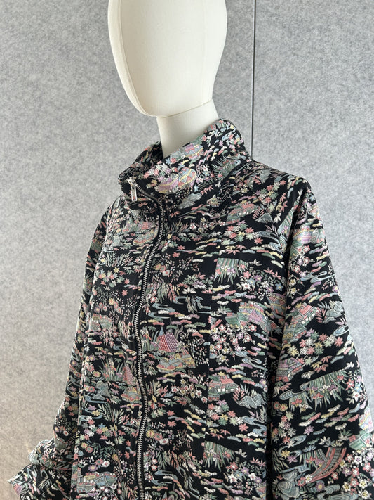 Black patterned high collar kimono jacket, front view from above