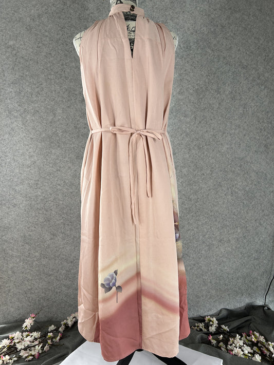 Pink kimono halter dress with back waist ties and camellia hem, back view