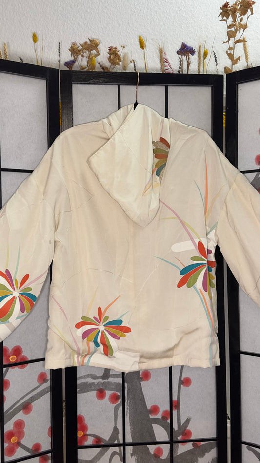 Upcycled kimono zip hoodie HWZ4027, cream silk with fan-shaped flowers in teal, rust and gold, back view
