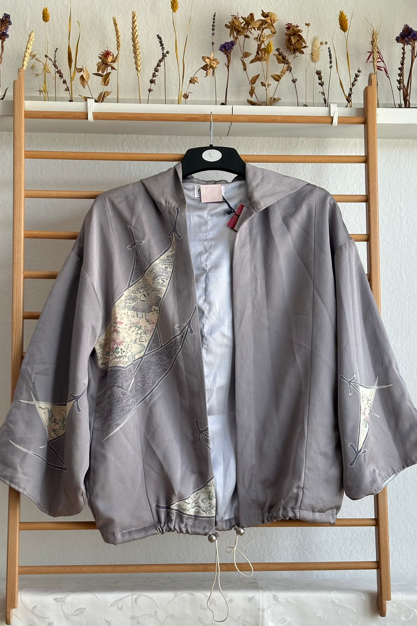 Upcycled Kimono Hoodie Gray Painted
