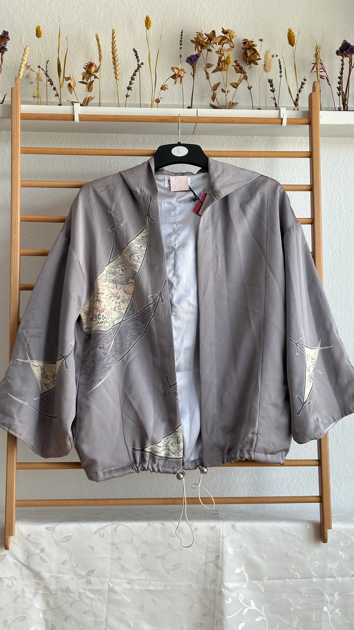 Upcycled Kimono Hoodie Gray Painted