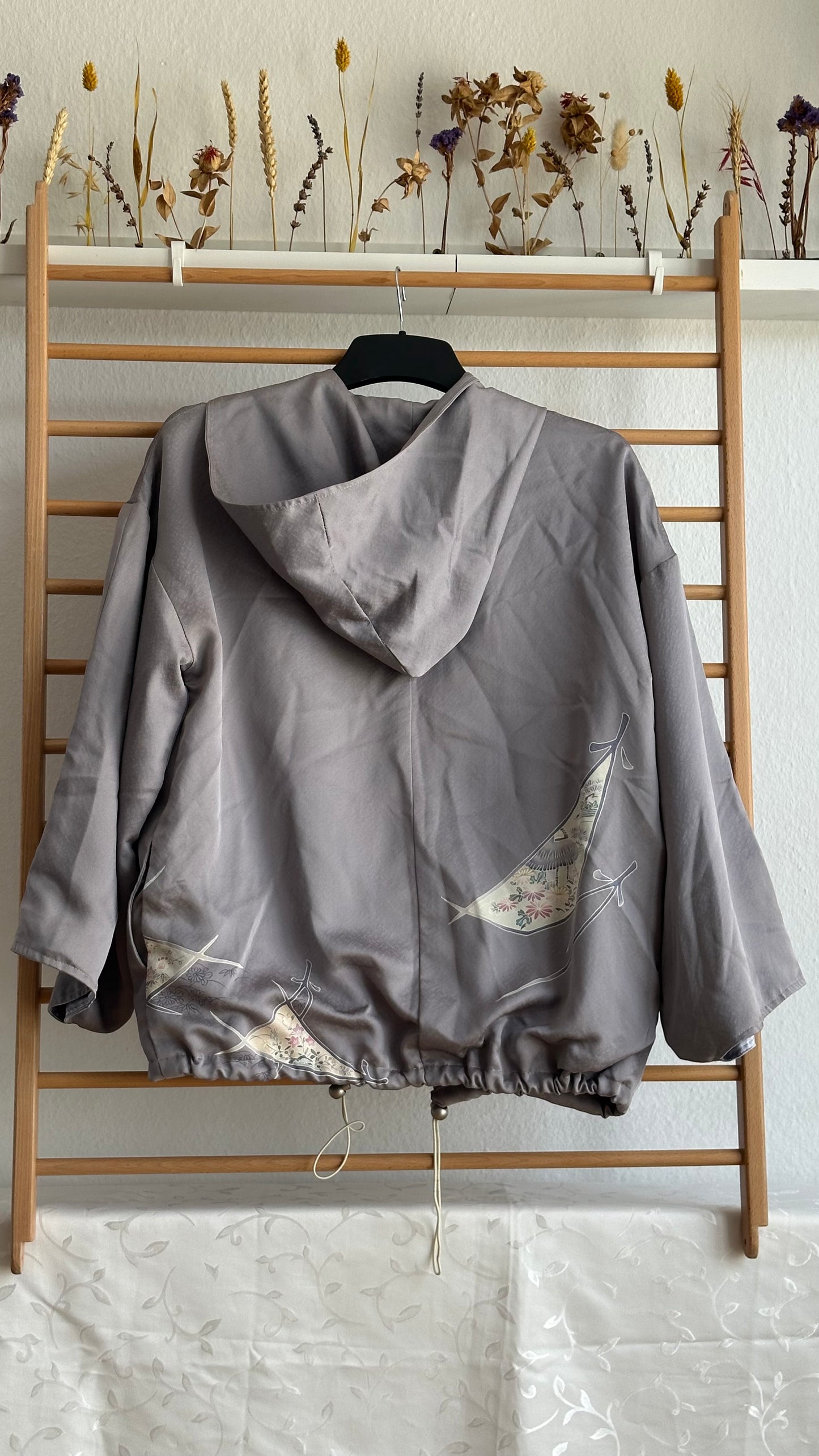 Upcycled Kimono Hoodie Gray Painted