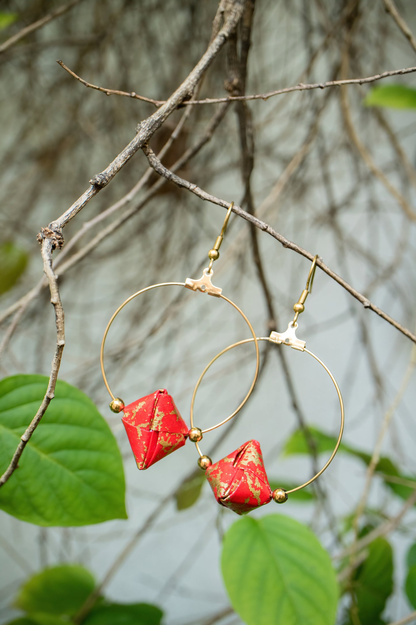 Sonobe Origami Red Creole Earrings