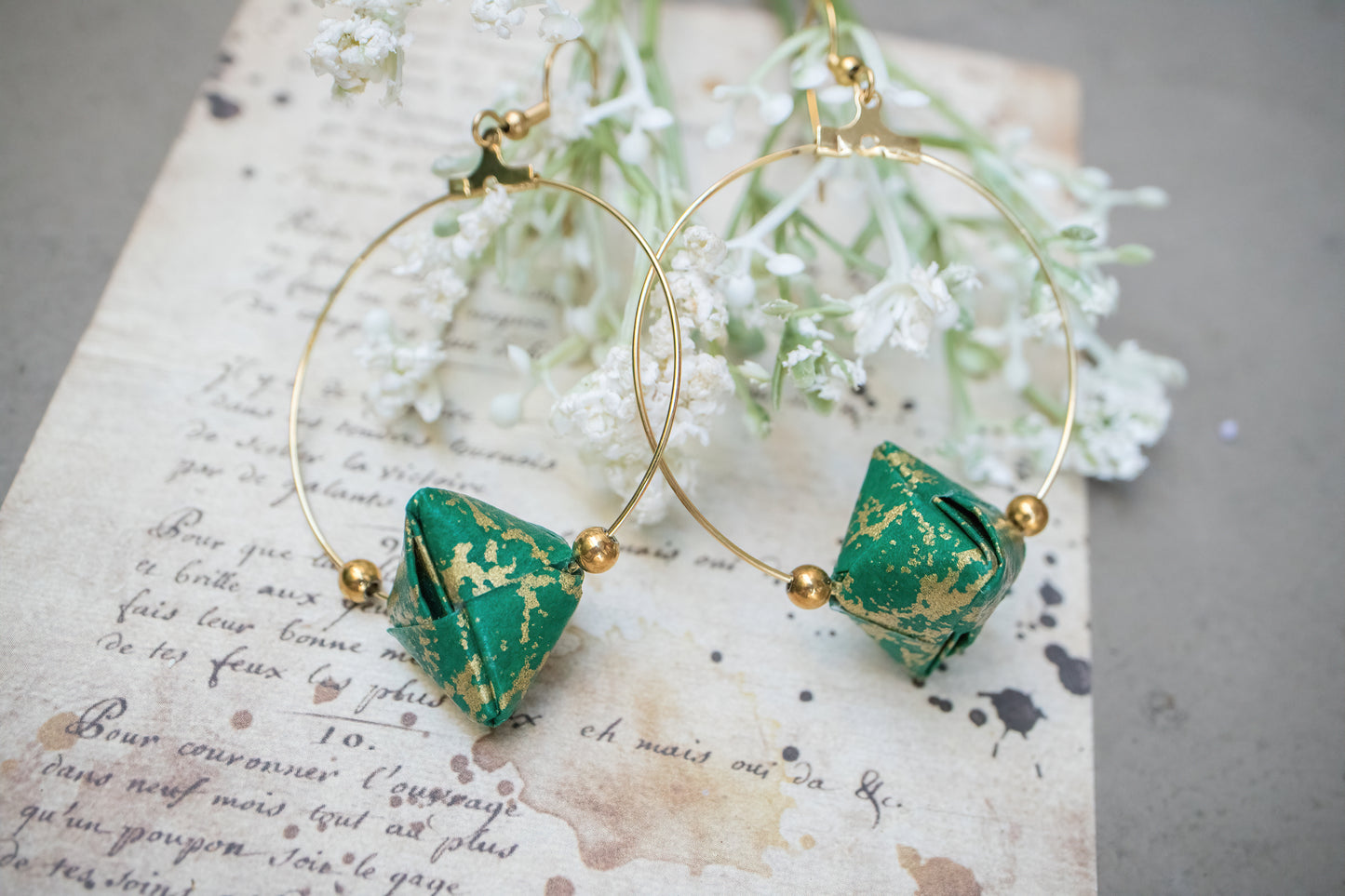 Sonobe Origami Green Creole Earrings