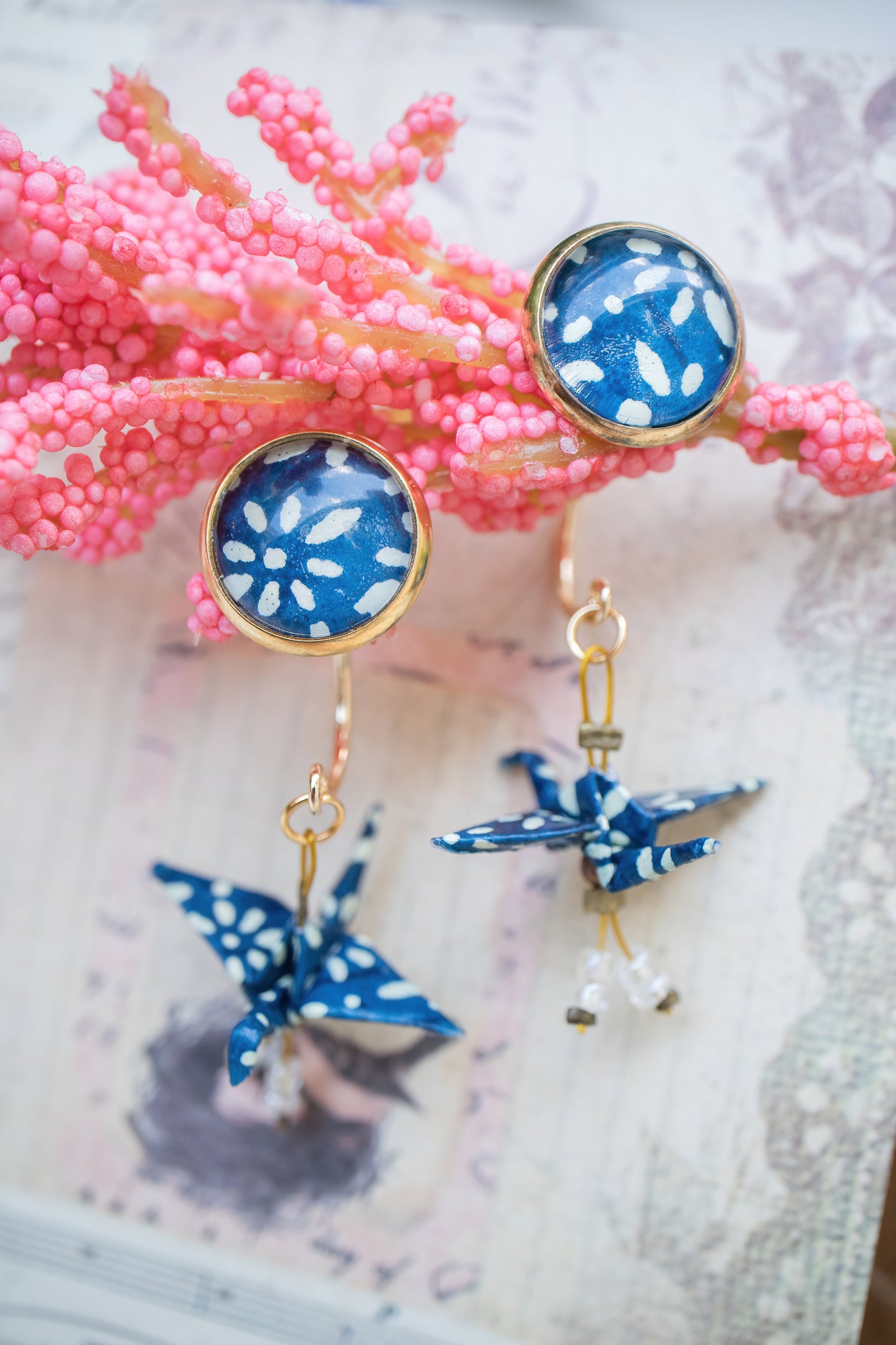 Crane Origami with Cabochon Earrings