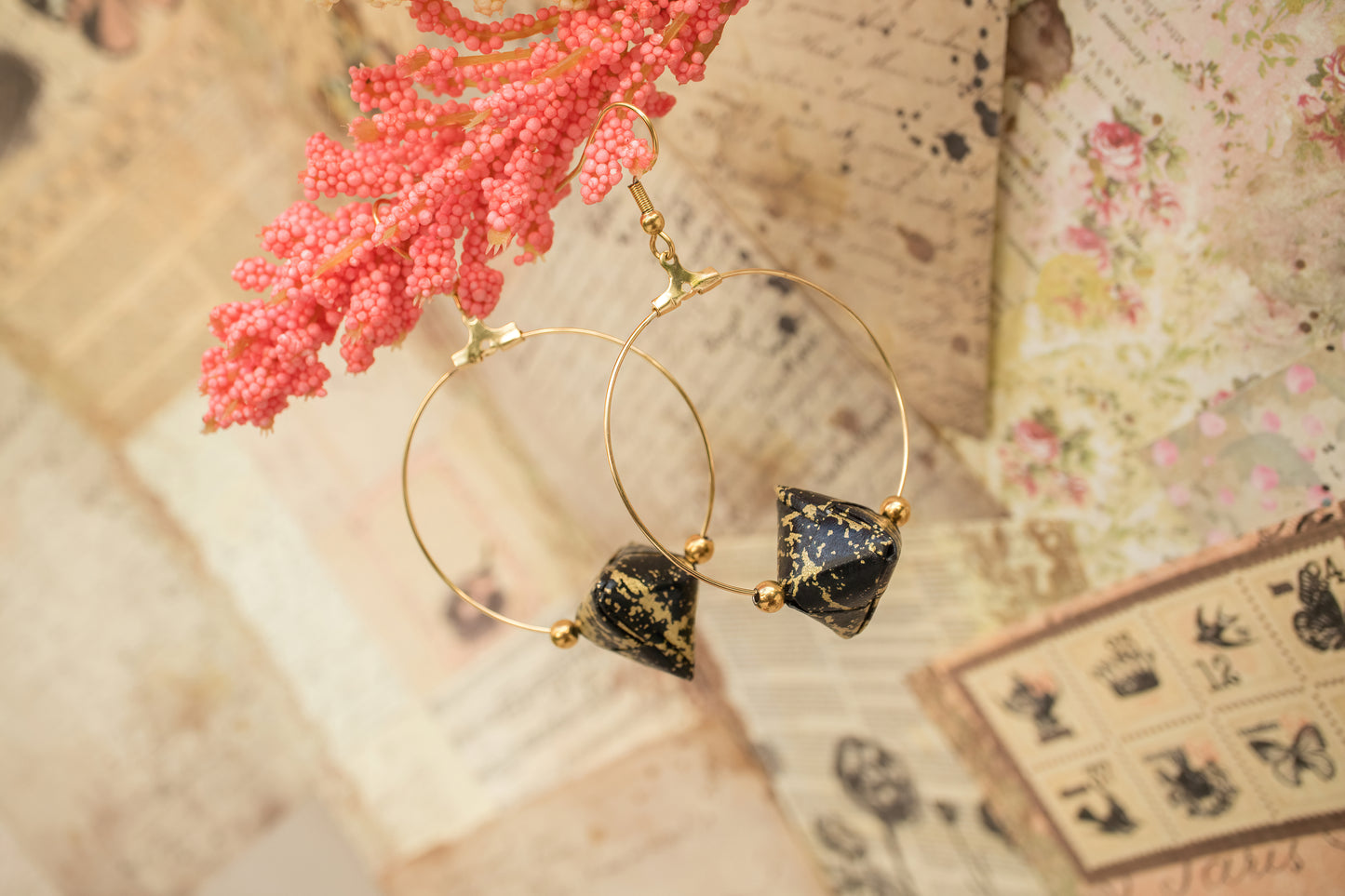 Sonobe Origami Black Creole Earrings