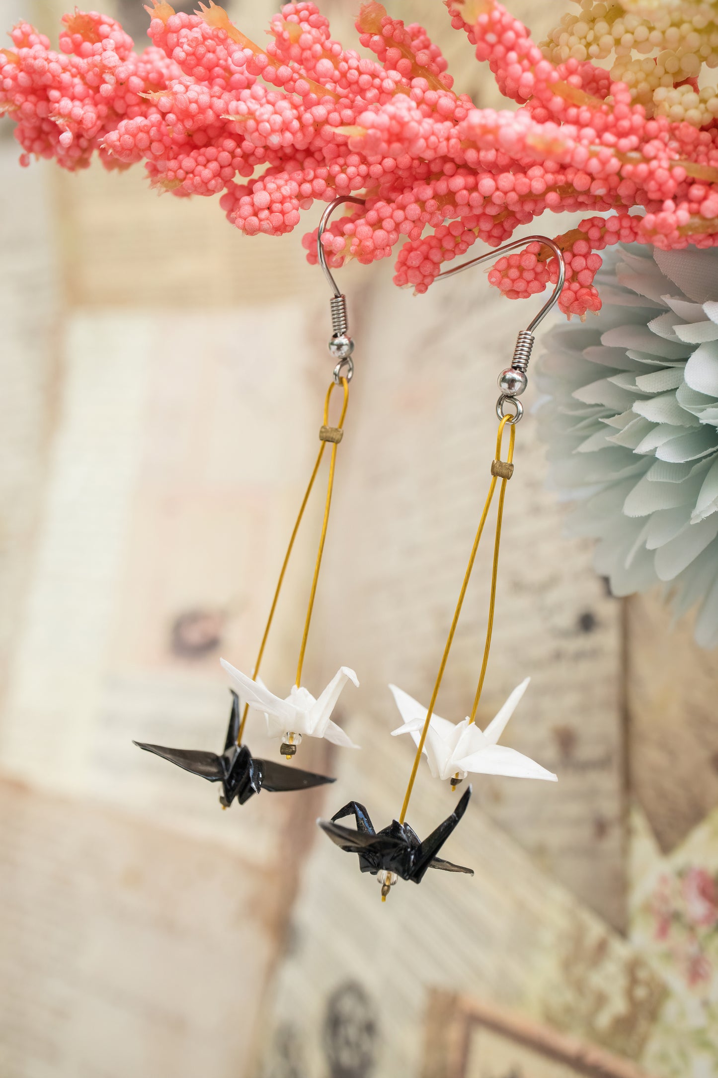 Double mini Crane Black & White Origami Earrings