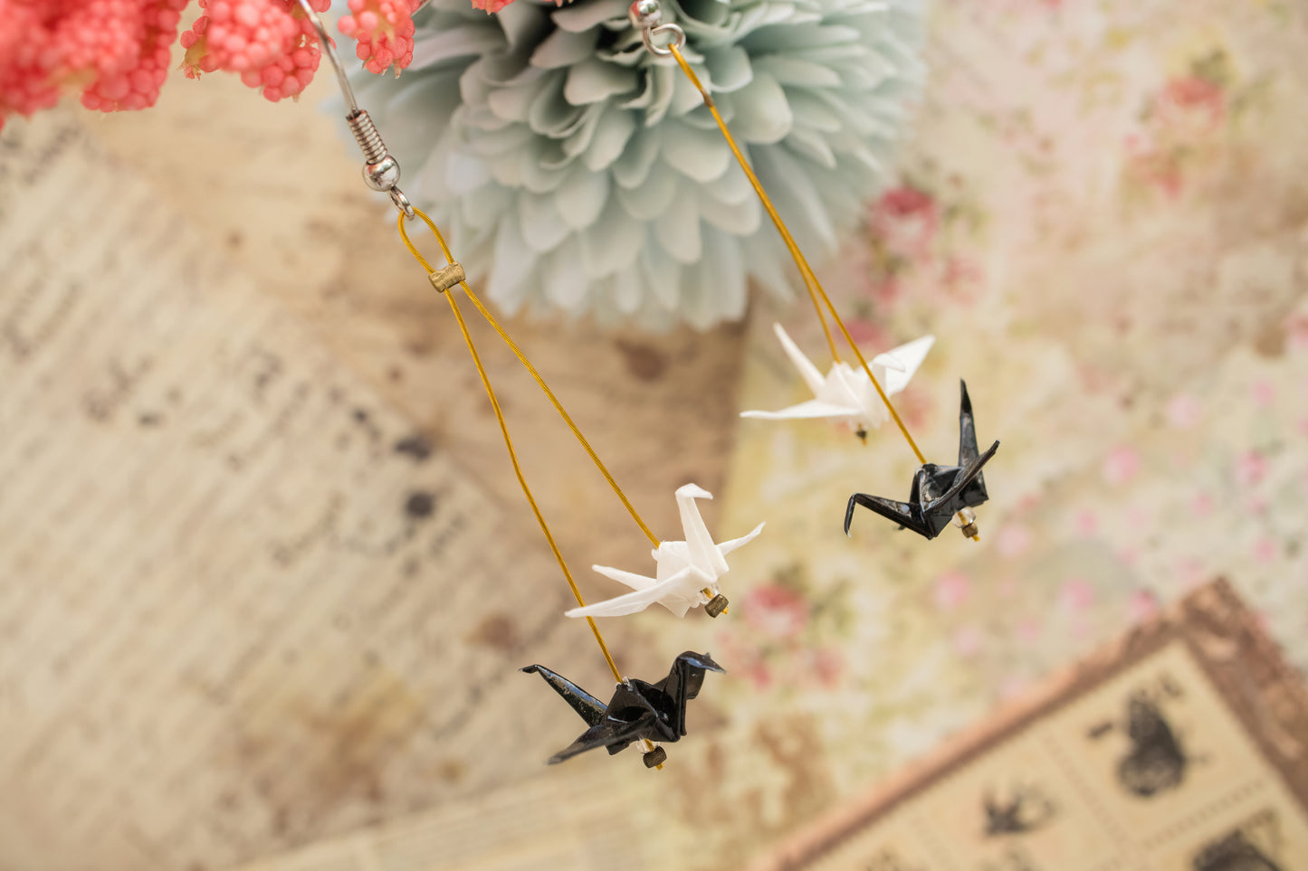 Double mini Crane Black & White Origami Earrings