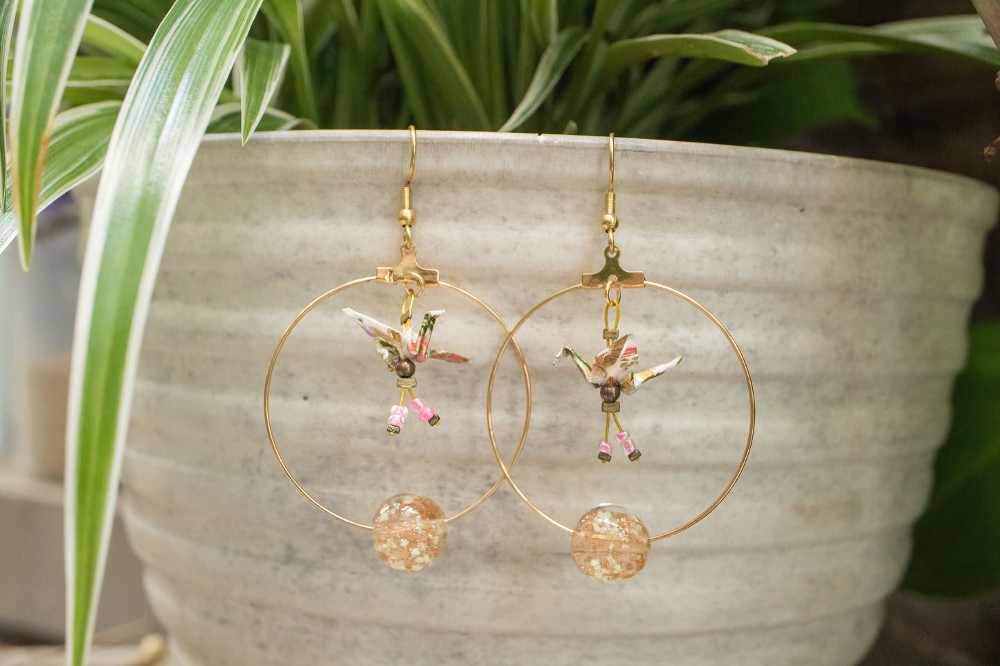 Crane Origami in Creole Earrings