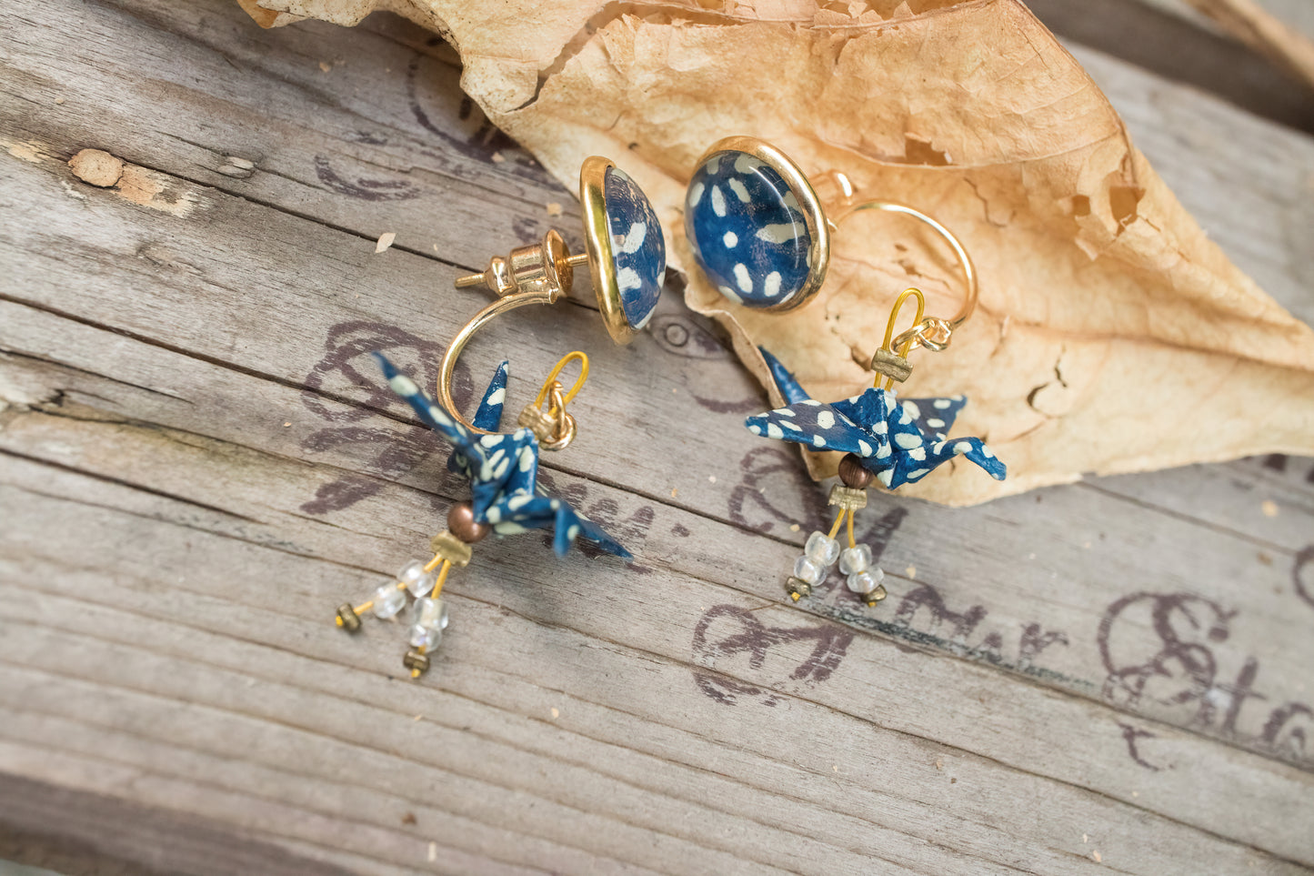 Crane Origami with Cabochon Earrings
