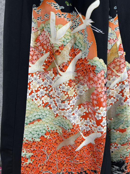 Black upcycled kimono palazzo pants, detail of white cranes, plum blossoms and pine