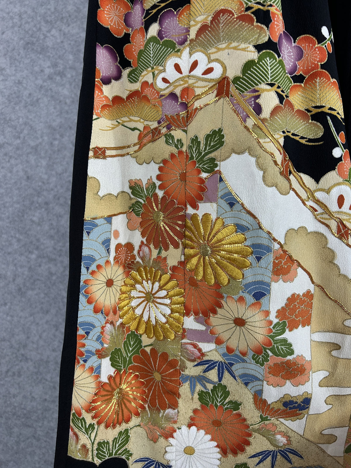 Black upcycled kimono palazzo pants, close-up of gold chrysanthemums, bamboo and blue waves
