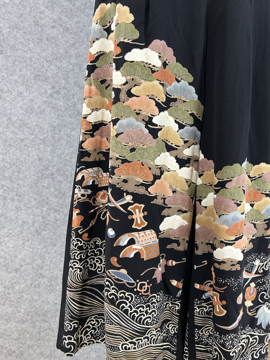 Black upcycled kimono palazzo pants, detail of rounded trees, waves and small treasure objects