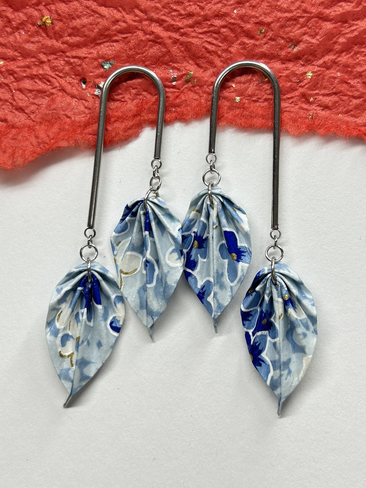 Double Leaves Origami Earrings | Silver – Pattern 5, light blue