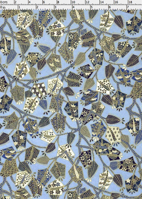 Patterned chiyogami paper with geometric shapes on a blue background