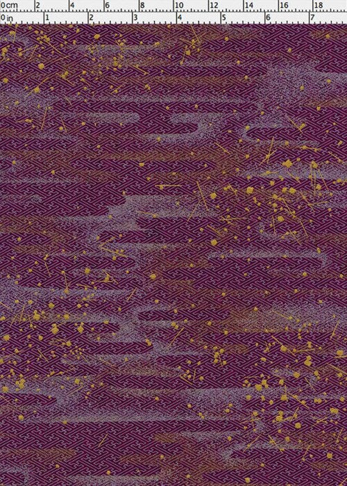 Textured chiyogami paper pattern with purple and gold colors on a white background with a ruler for scale