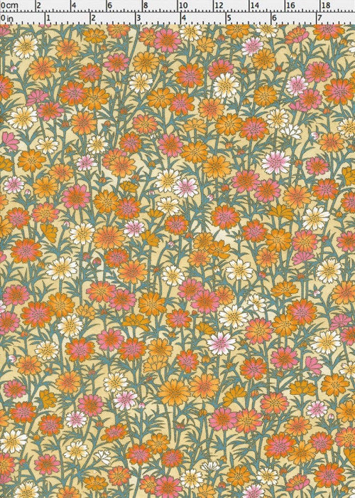 Floral patterned chiyogami paper with orange, pink, and white flowers on a green background