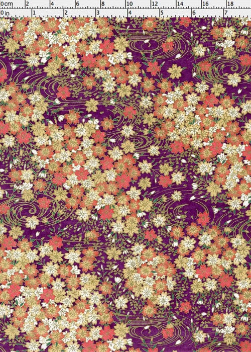 Floral pattern chiyogami paper with flowers on a purple background