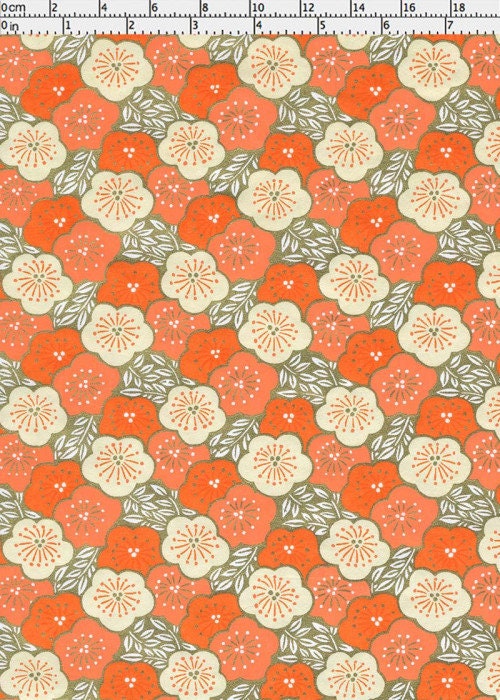 Floral pattern chiyogami paper with orange and beige flowers on a red background