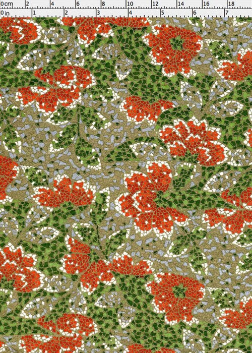 Floral pattern chiyogami paper with red, green, and beige colors on a textured background with a ruler as scale.
