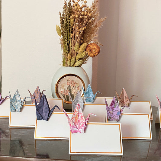 Origami crane place cards in flower-pattern paper, view 2