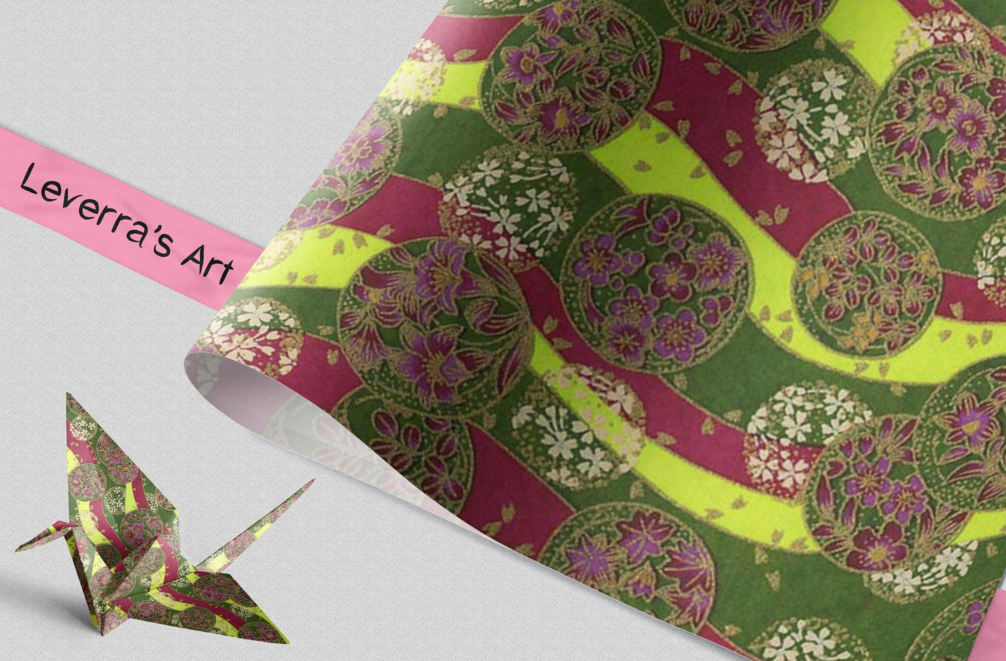 Decorative paper with floral pattern and an origami crane on a light gray background, featuring 'Leverra's Art' branding.