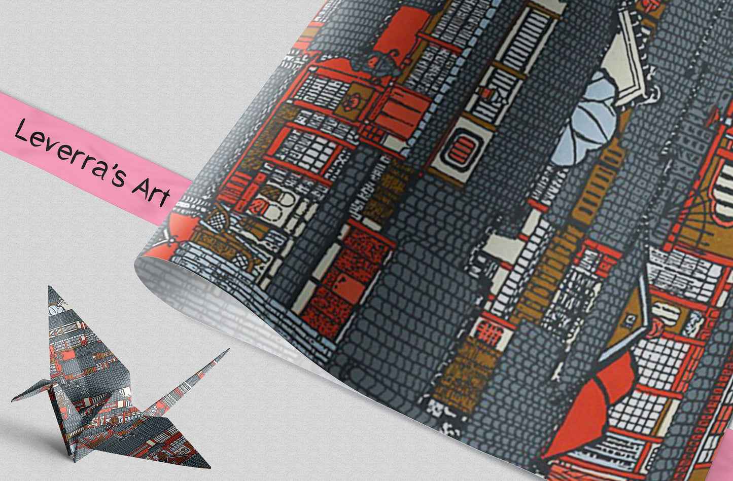 Decorative chiyogami paper with geometric pattern and a folded paper crane on a light gray background, featuring 'Leverra's Art' label.