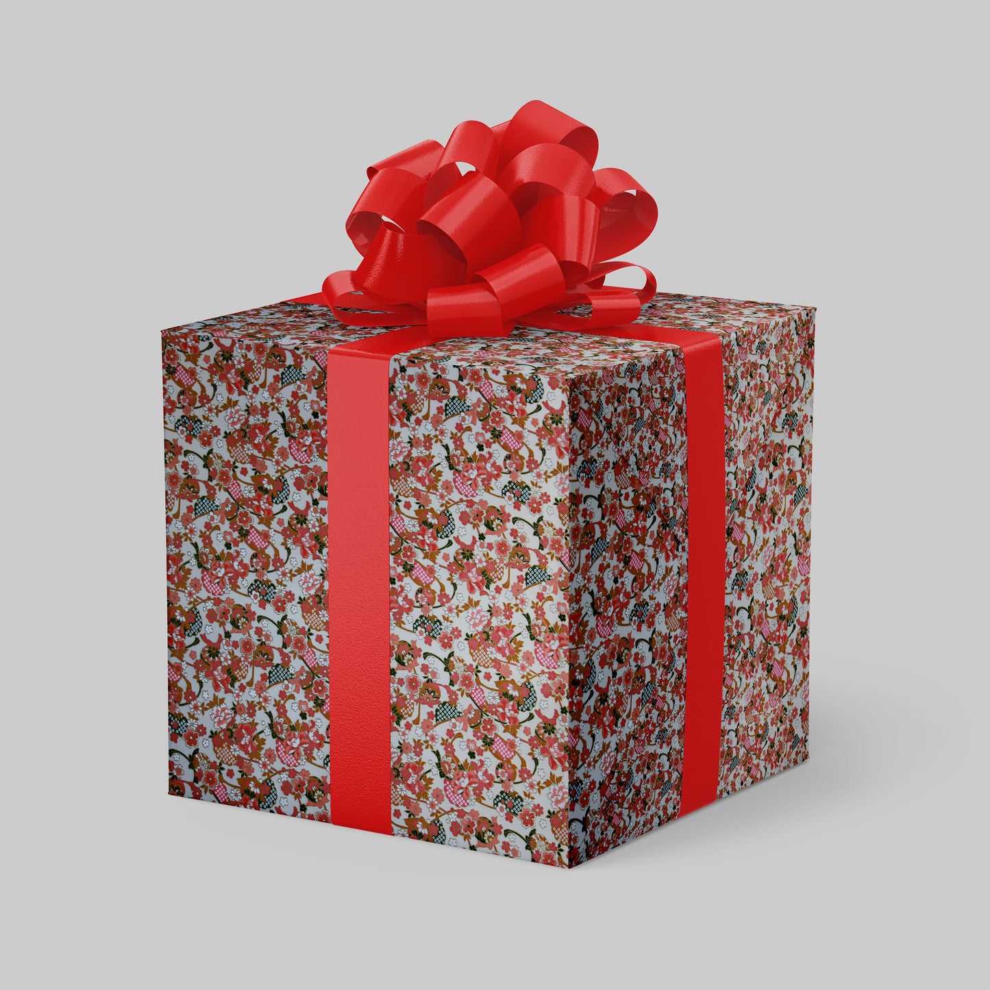 Gift box with floral pattern and red ribbon on a gray background