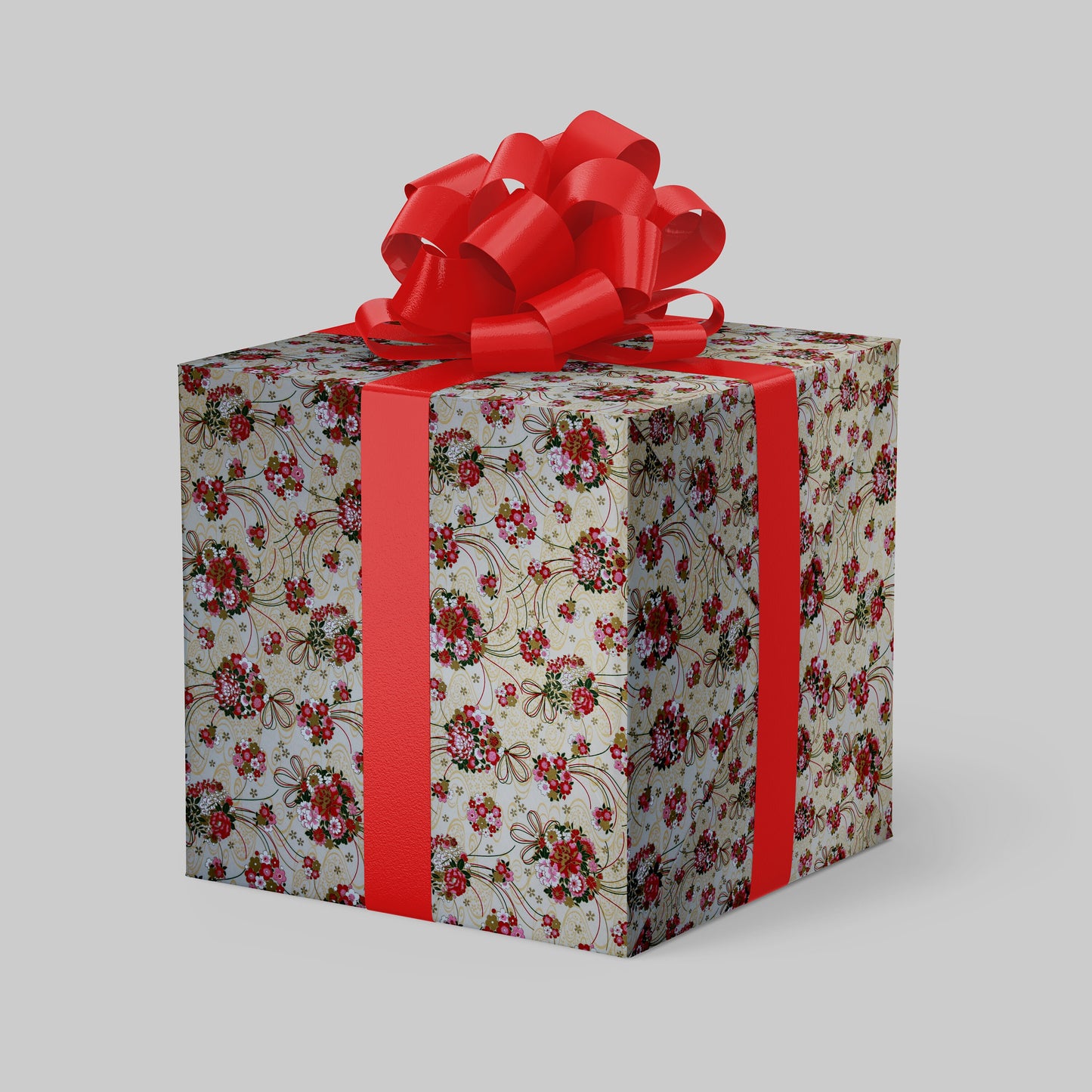 Gift box with floral pattern and red ribbon on a light gray background