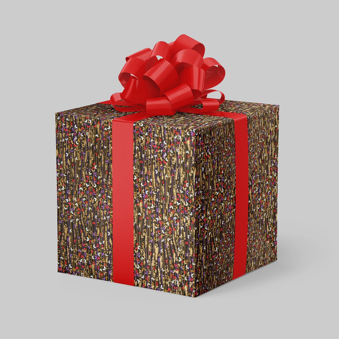 Gift box with multicolor pattern and red ribbon on a gray background