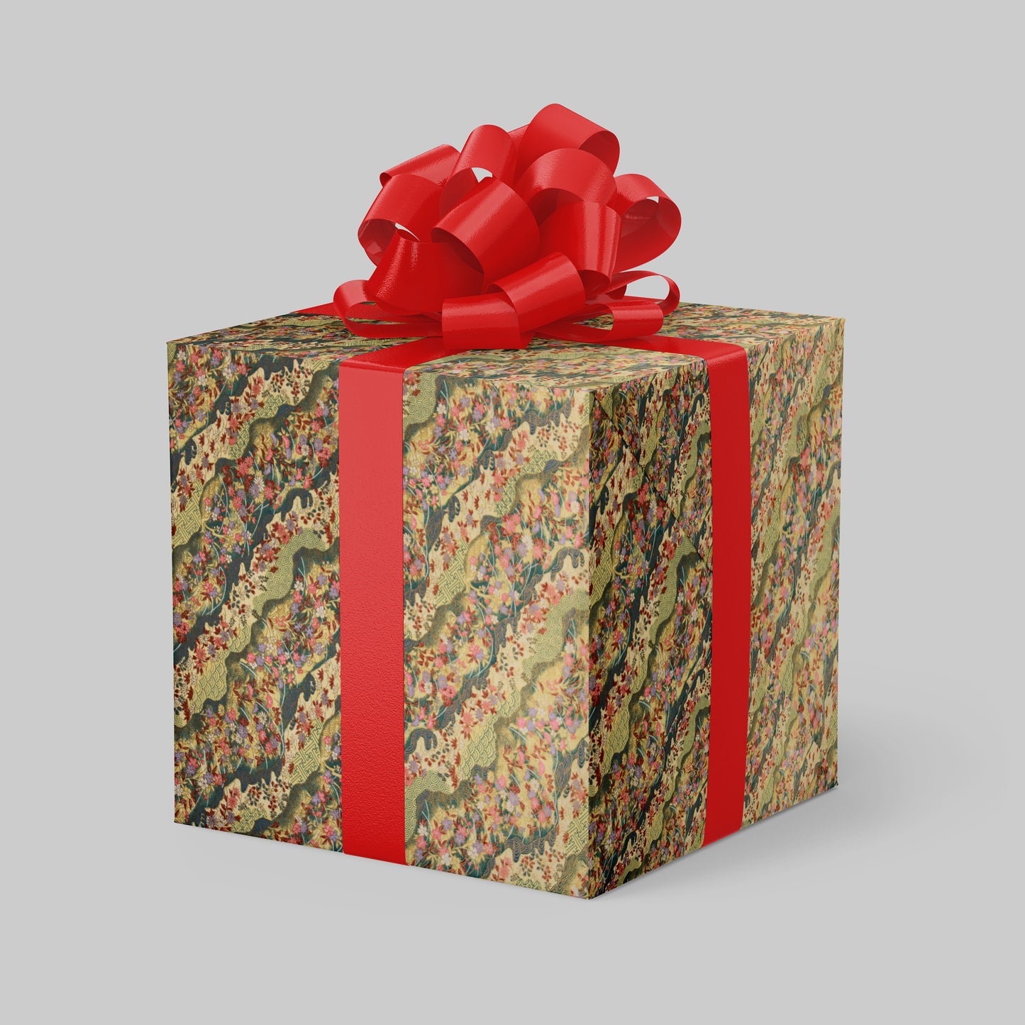 Gift box with floral pattern and red ribbon on a gray background