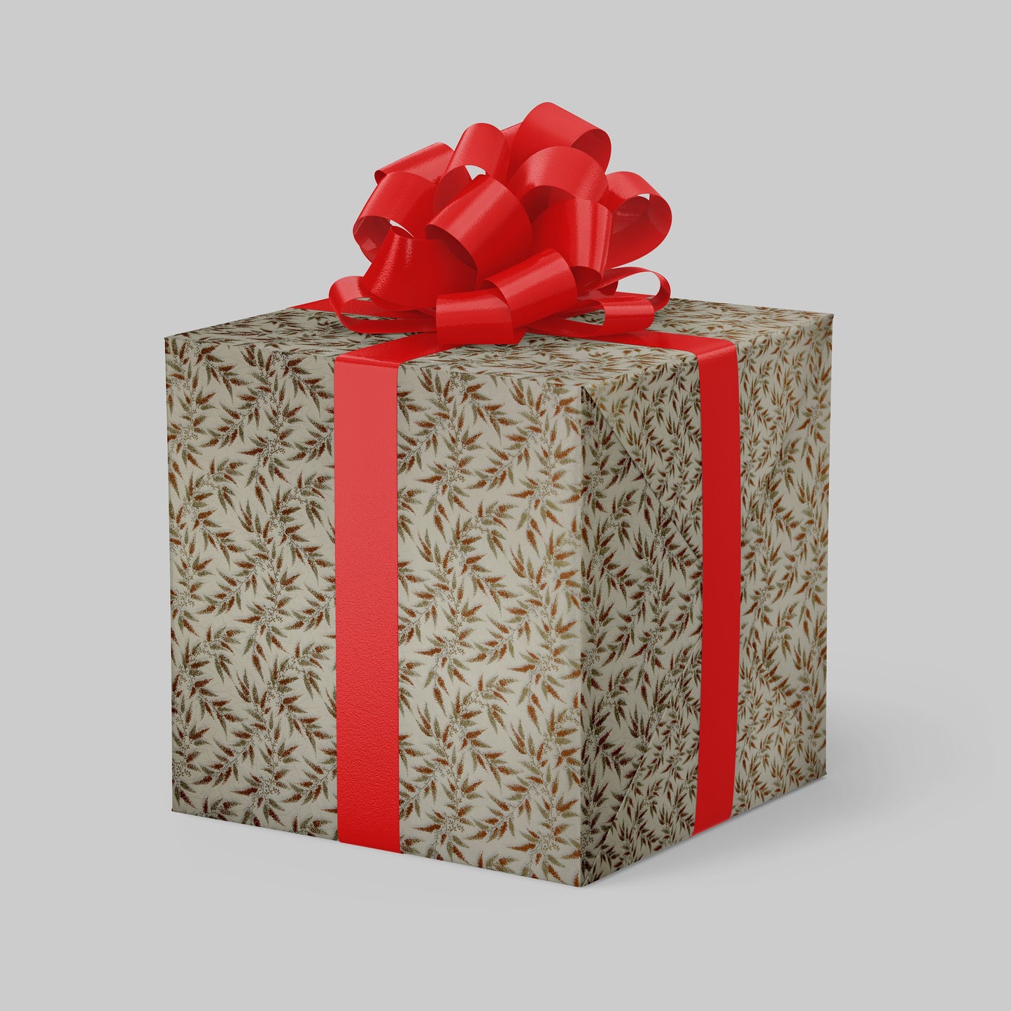 Gift box wrapped with chiyogami paper with leaf pattern and red ribbon on a light gray background