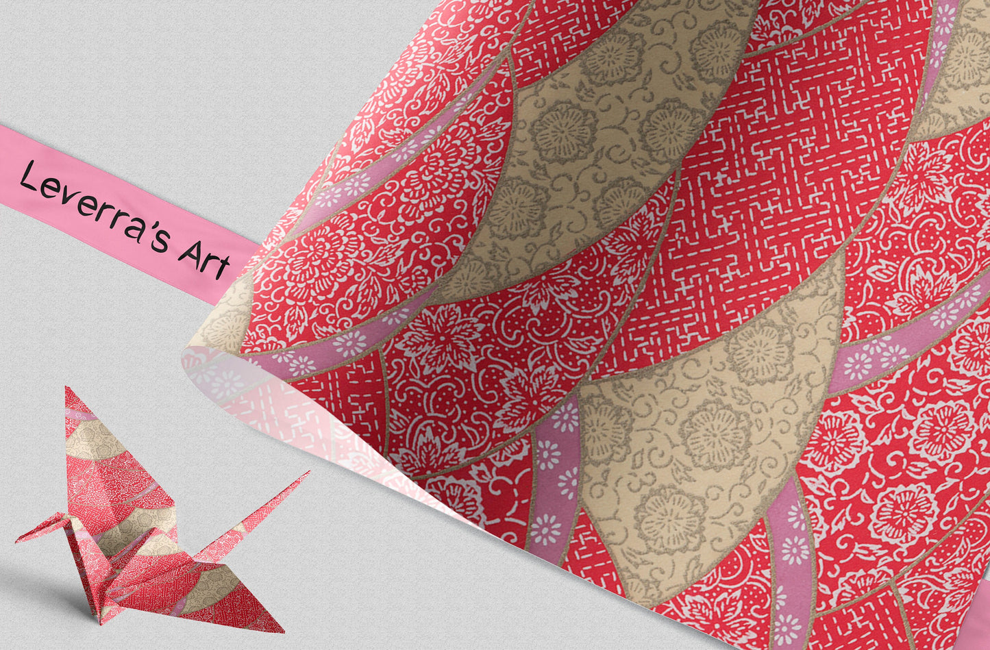 Patterned paper with a pink ribbon and origami crane on a light gray background, featuring 'Leverra's Art' branding.