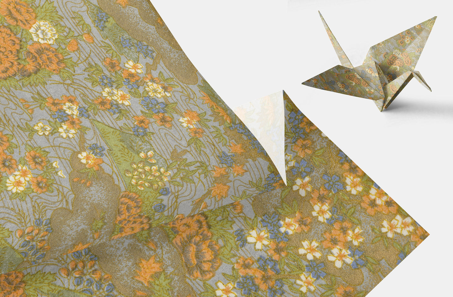 Floral-patterned chiyogami paper with a paper crane on a white background