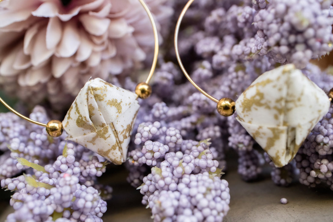 White and gold Sonobe origami hoop earrings by Leverras Art