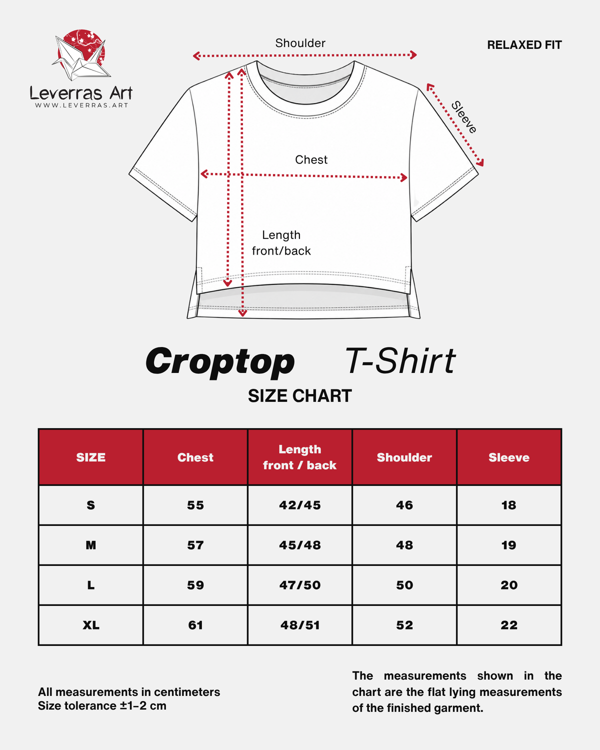 Size chart for the croptop t-shirt boxy fit
