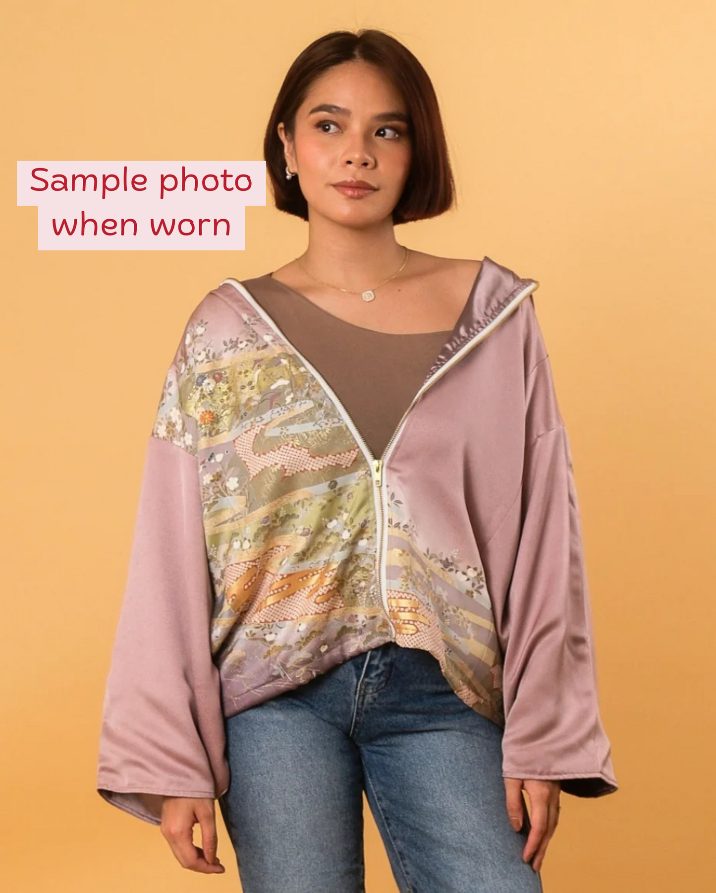 Upcycled Kimono Hoodie with Zipper Pink