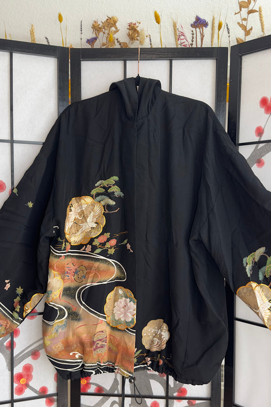 Upcycled Kimono Biwako Hoodie Black