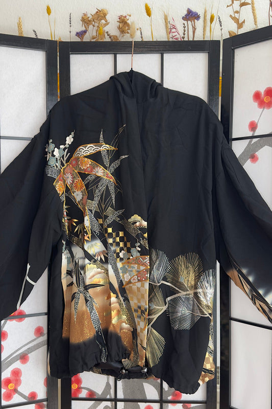 Upcycled Kimono Biwako Hoodie Black