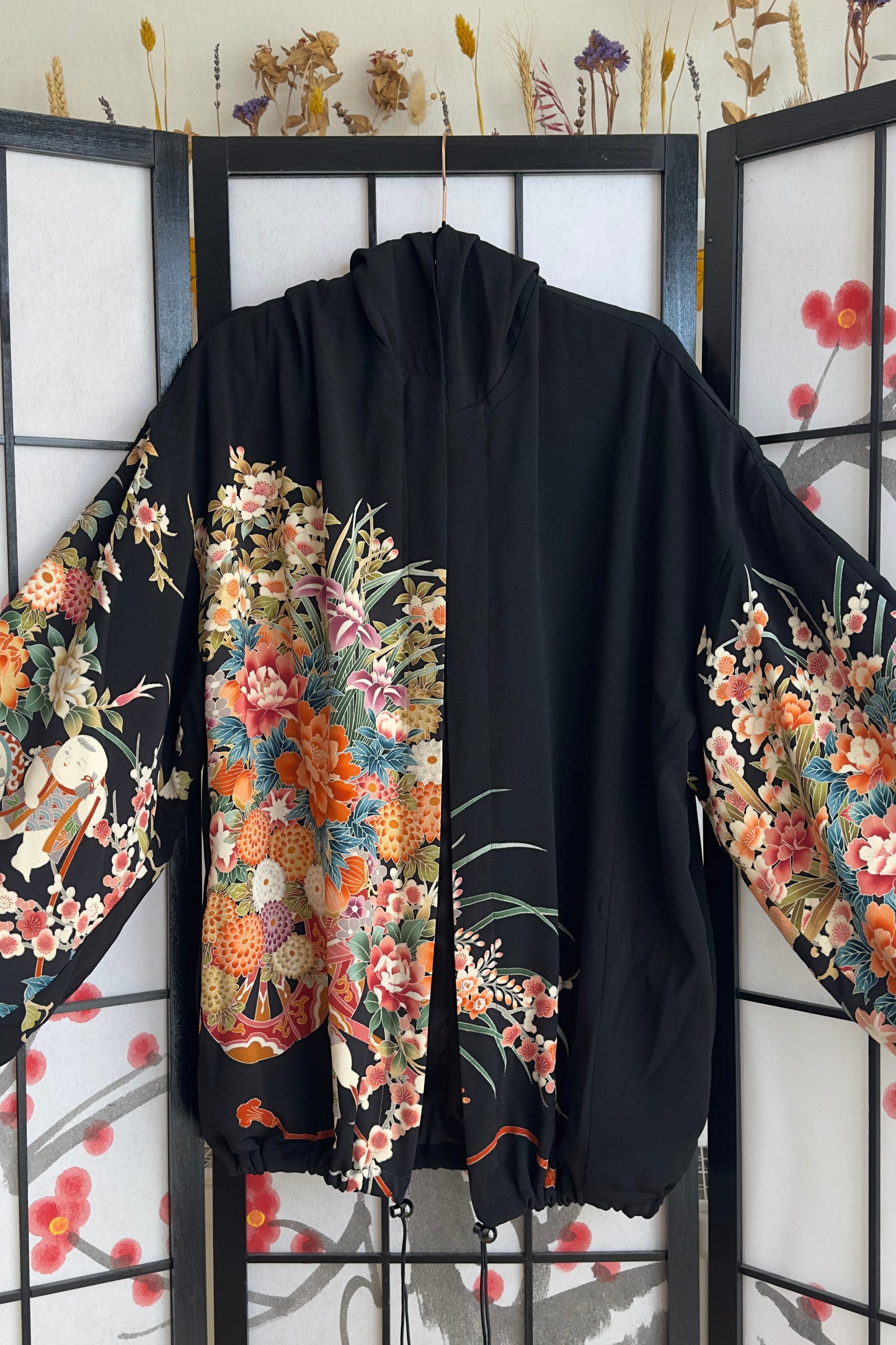 Upcycled Kimono Biwako Hoodie Black