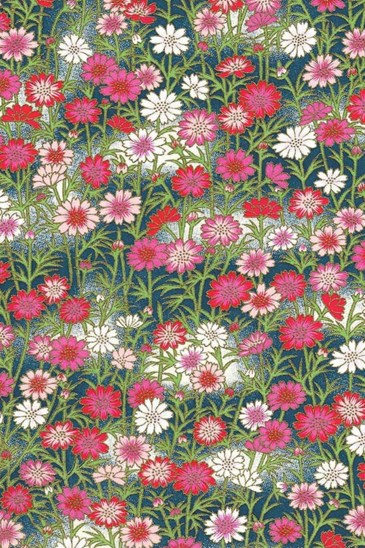 Pattern of pink, white, and red flowers on a dark blue background