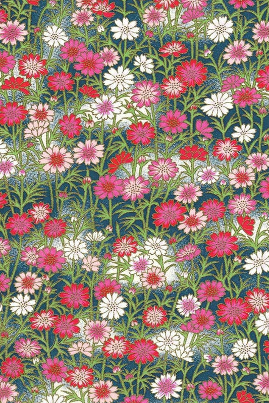 Pattern of pink, white, and red flowers on a dark blue background