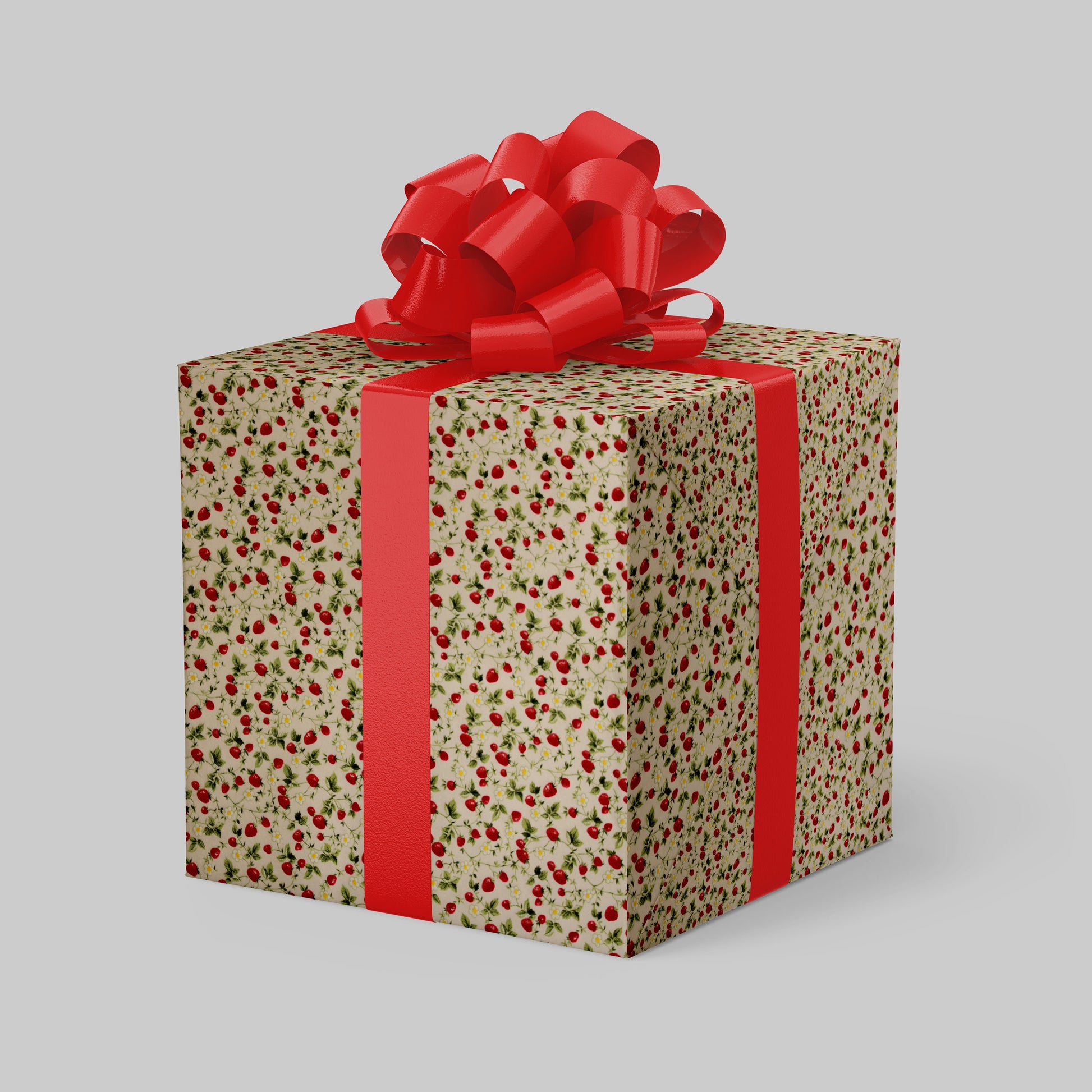 Pattern of red strawberries and green leaves on a beige background used as Gift Box wrapping