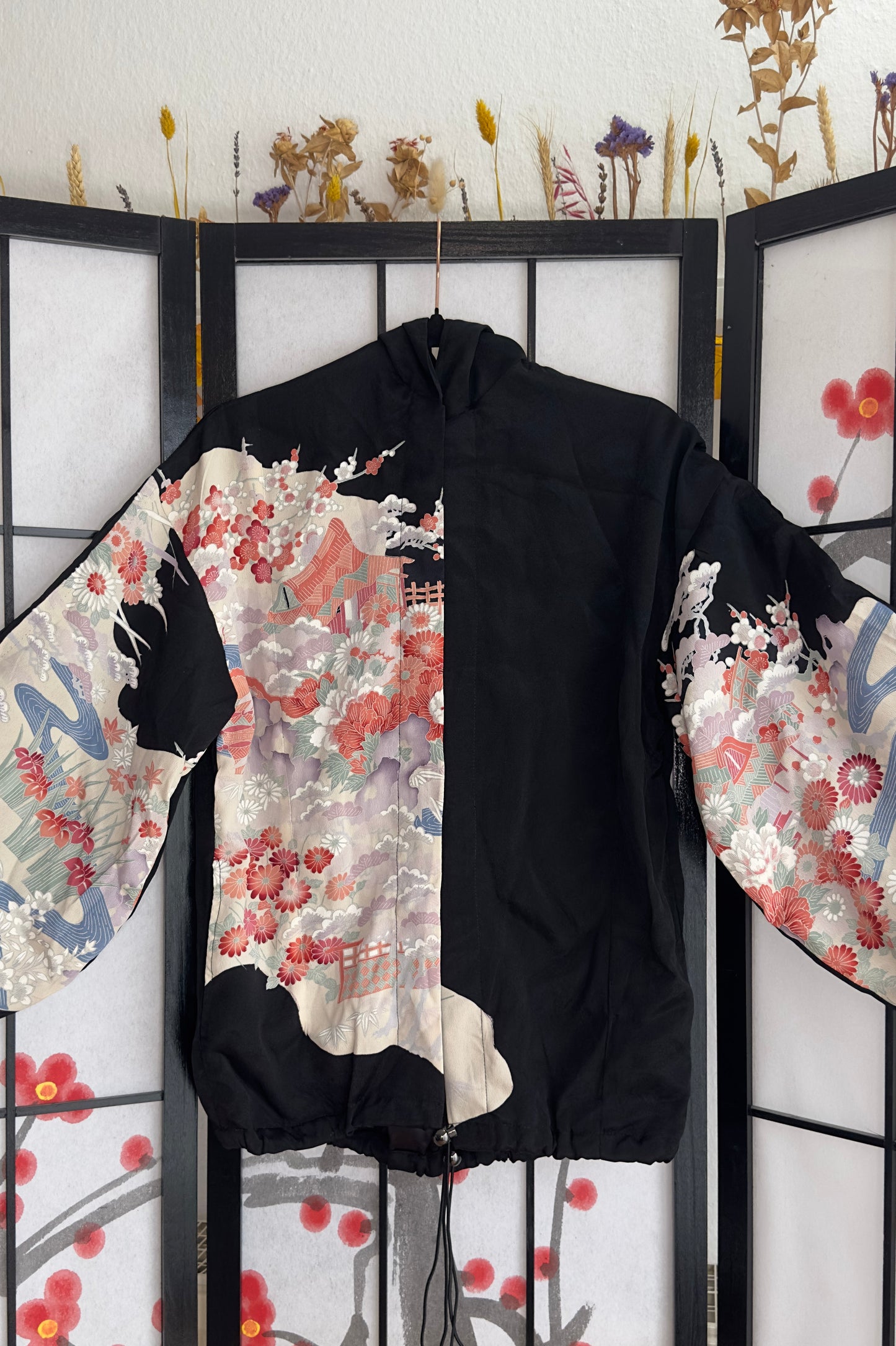 Upcycled Kimono Regular Hoodie Black